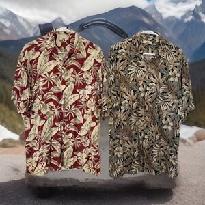 2* Men's Palm Print Hawaiian‎ vacation Button Dwn Shirt lot  M Made in Korea Y2K